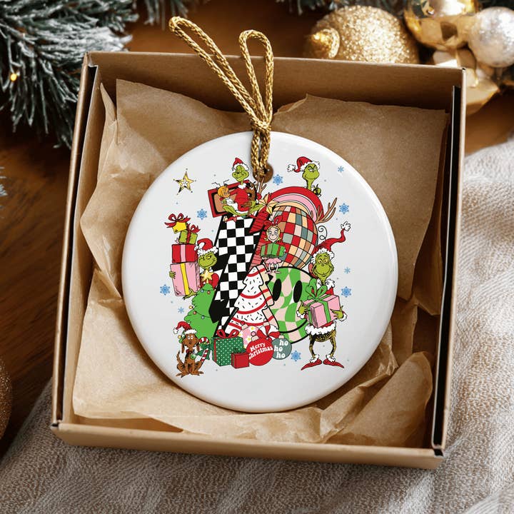 Snacks and Fun Grinch Ceramic Ornament for wholesale by JAC Wholesale