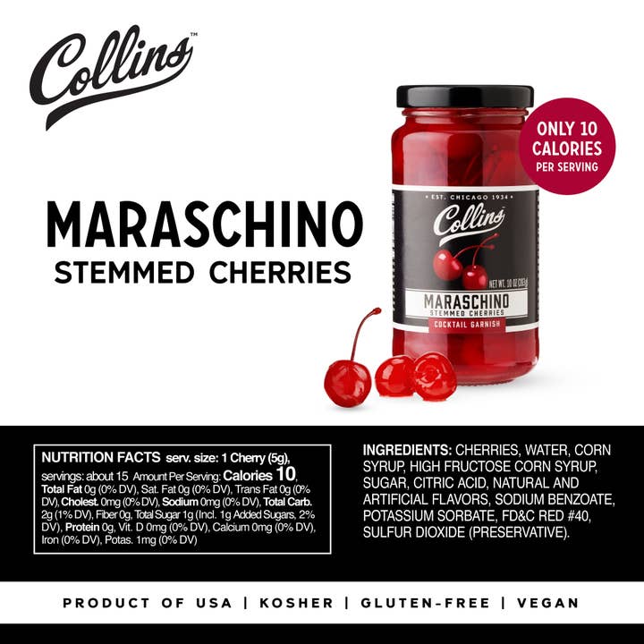 Collins - Wholesale Cocktail Mix/Syrup - Stemmed Maraschino Cherries Cocktail Garnish - 10 oz