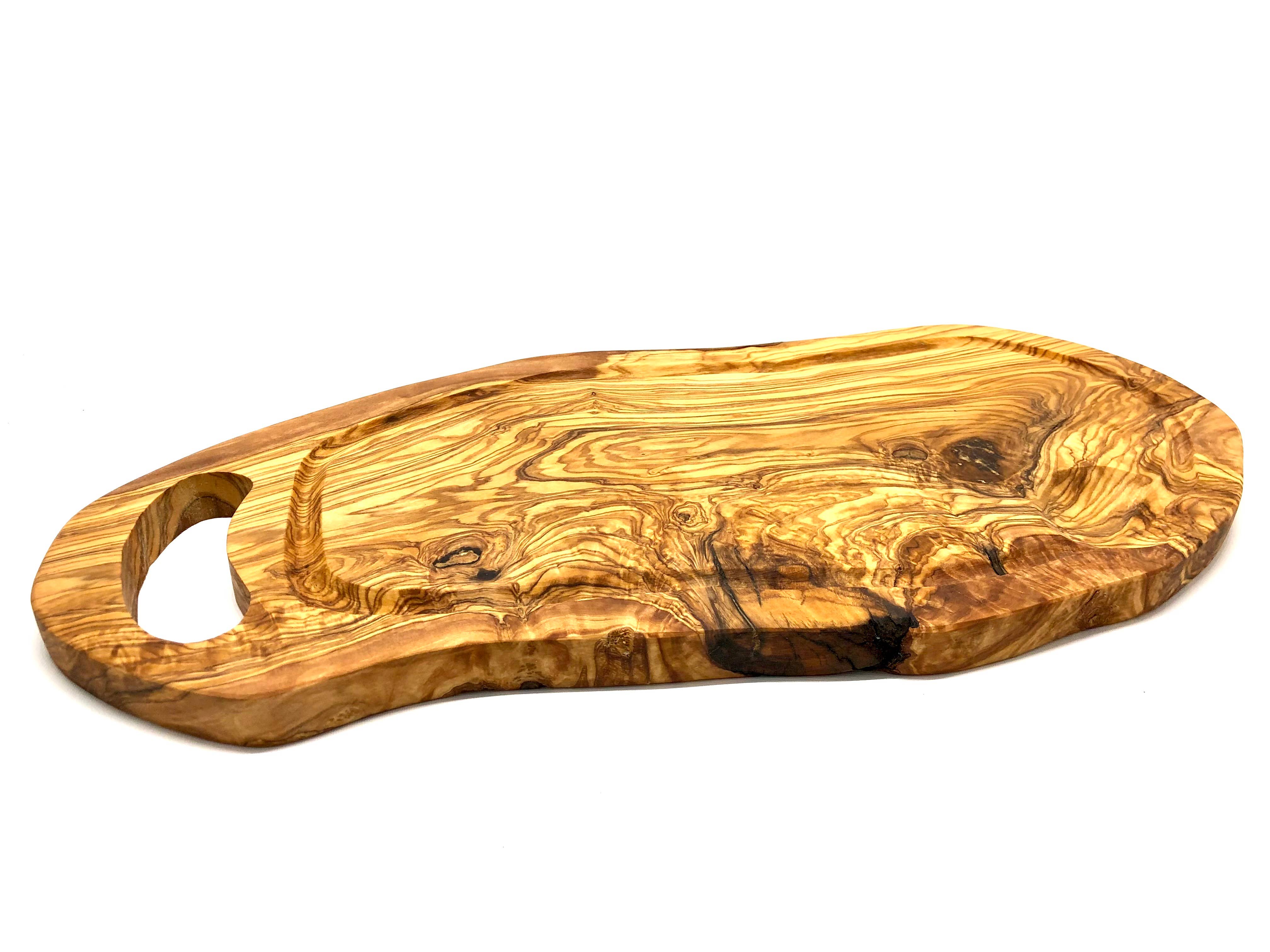 olivenholz-erleben - Vendita all'ingrosso Taglieri - Tagliere per bistecca in legno d'olivo 40–44 cm con scanalatura per succhi e manico2