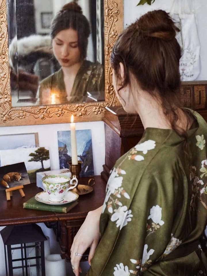 Floral Olive Kimono Robe for wholesale on Faire27