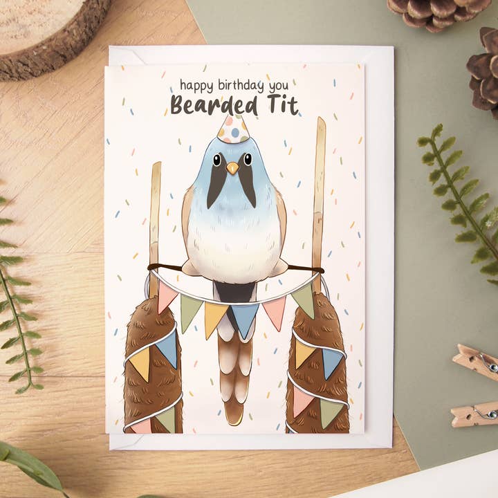 Birthday Bearded Tit Greeting Card for wholesale by Melissa Jan Art