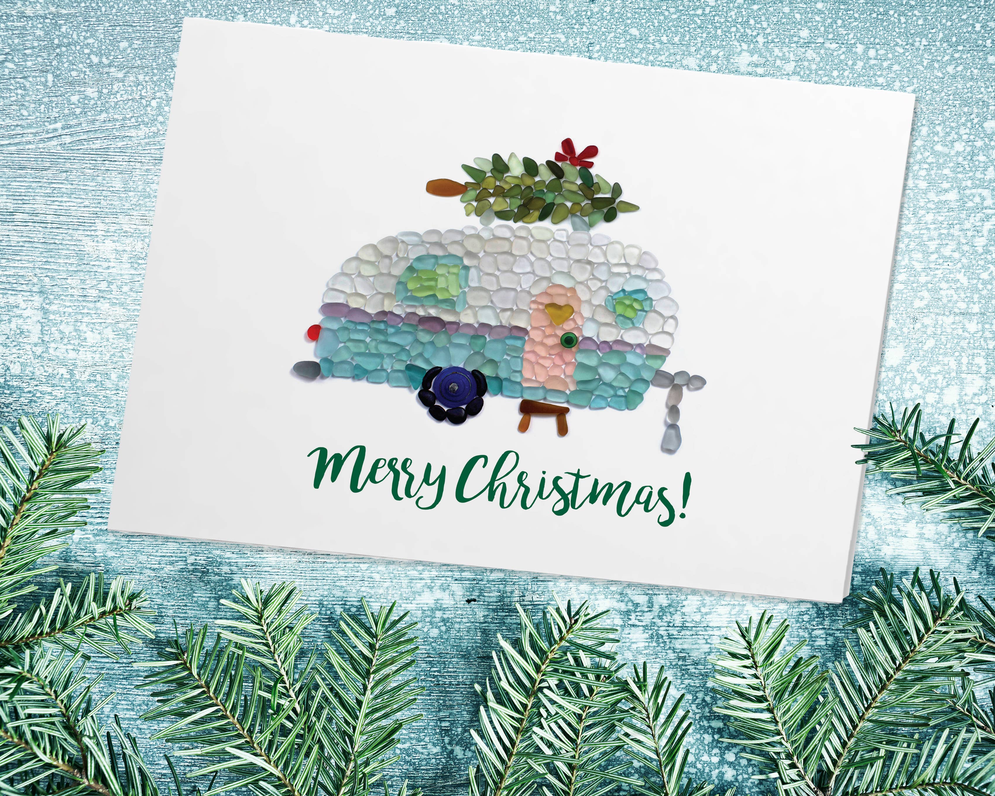 Beachcombing / Etched by the Sea – Großhandel Weihnachtskarte – Seeglas Vintage Camper Weihnachtsfeiertagskarte2