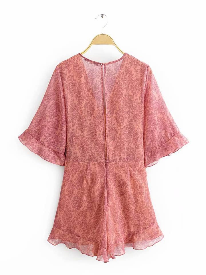 FS Collection - Wholesale Dress - Women's - V Neck & Back Detail Playsuit In Peach With Floral Print
