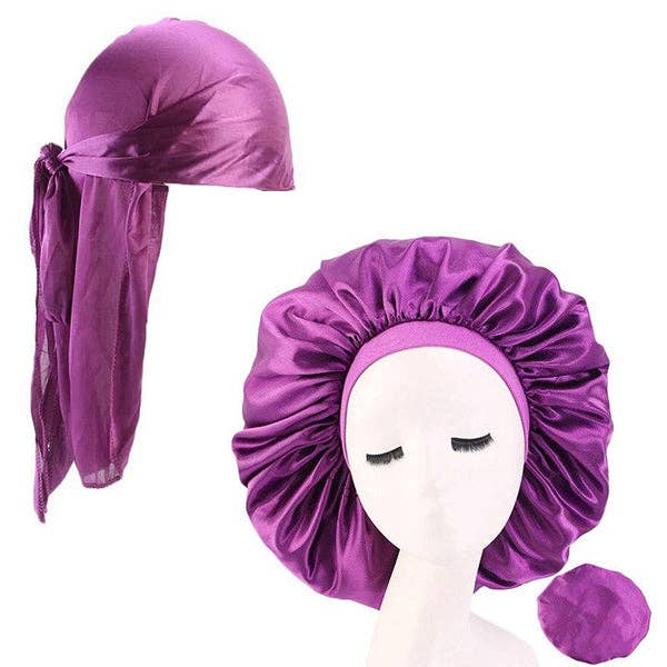 Taelor Boutique – wholesale Hair towel/wrap – XL Purple Silky Durag & Wide Band Bonnet Set