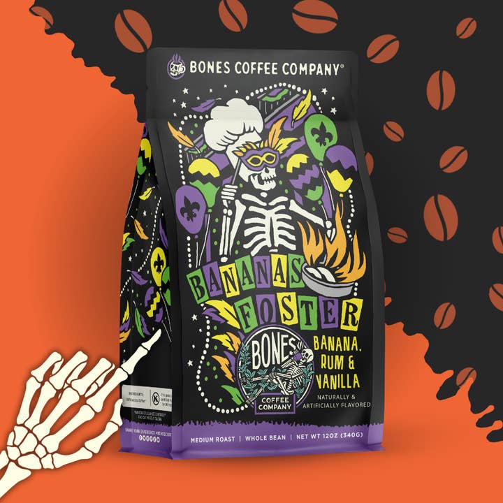 Café aromatisé Bananas Foster | 12 oz | Grains entiers et moulus pour la vente par Bones Coffee Company