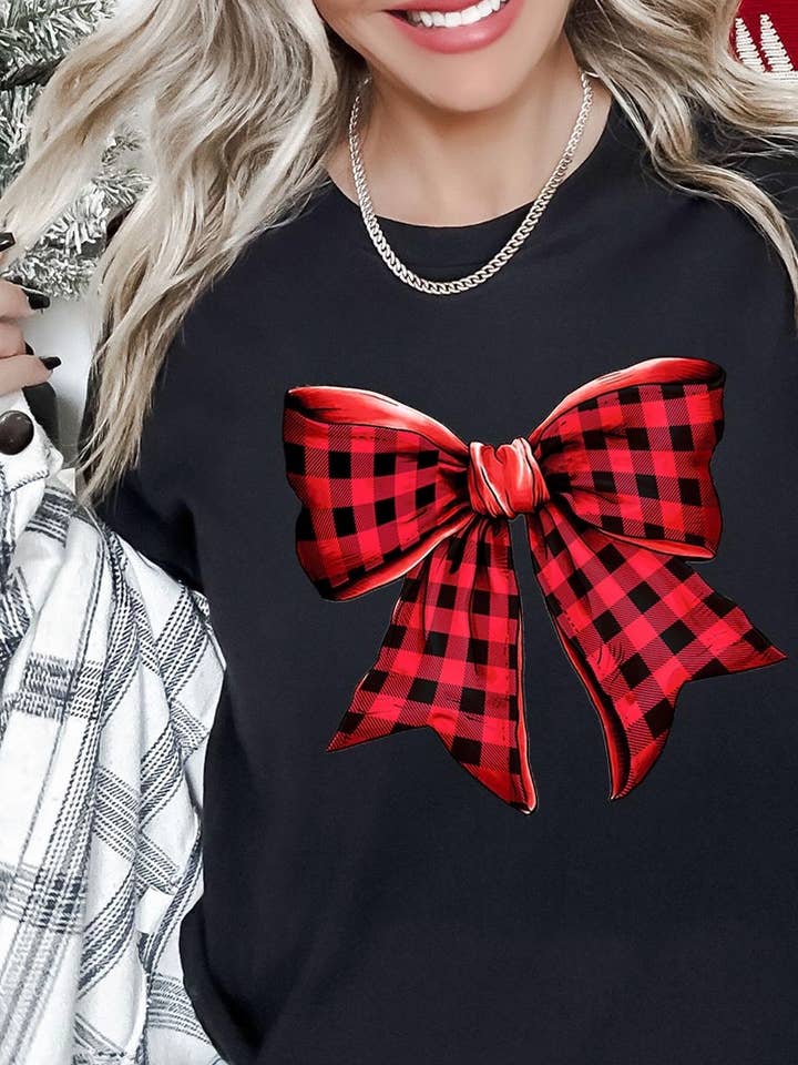 Rotes Büffel-Karo-Schleifen-Grafik-T-Shirt für den Großhandel von COLORBEAR