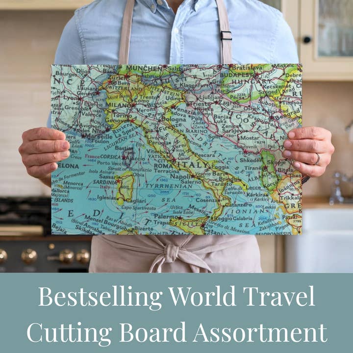 Bestselling World Destination Cutting Board Assortment of 10 for wholesale by Daisy Mae Designs