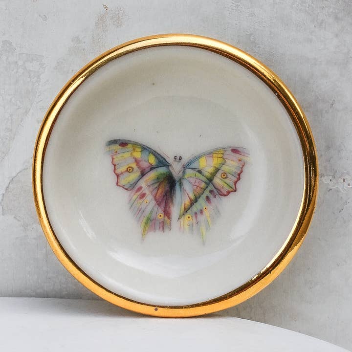 Pastel Butterfly Trinket Dish | Ring Dish | Handmade Gold for wholesale by Apricity Ceramics