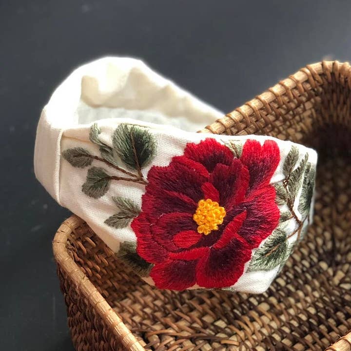 Floral Embroidered Wide Headwrap Headband, Linen Knot Turban for wholesale by EmbroideryNTA