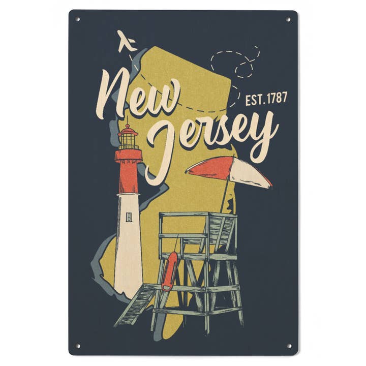 WOOD SIGN ART New Jersey, Est. 1787, State and Icons for wholesale by Lantern Press