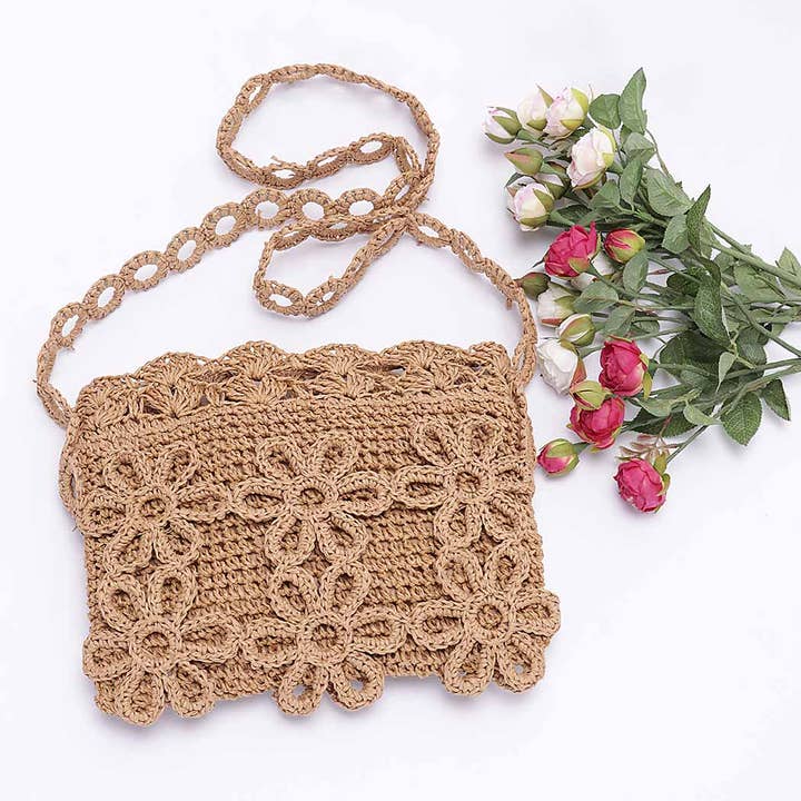 3AM BY H&D ACCESSORIES - Wholesale Crossbody Bag - Women's - Faux Straw Handmade Flower Crossbody Bag