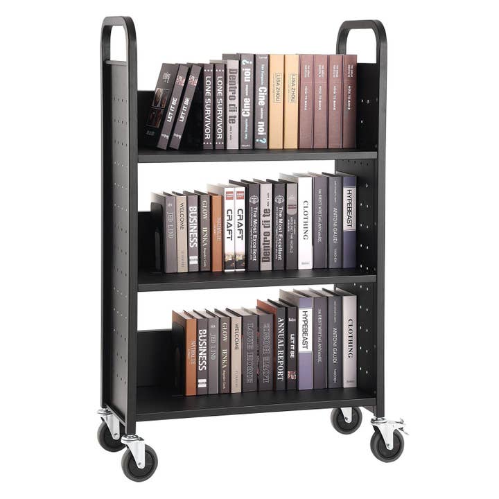 Black Book Cart, 330 lbs Library Cart, 31.1" x 15.2" x 49.2" Rolling Book Cart for wholesale on Faire