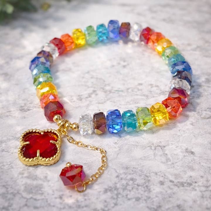 Pulseira Elástica com Contas de Vidro Trevo e Pendente de Flor por atacado de StarryNYC