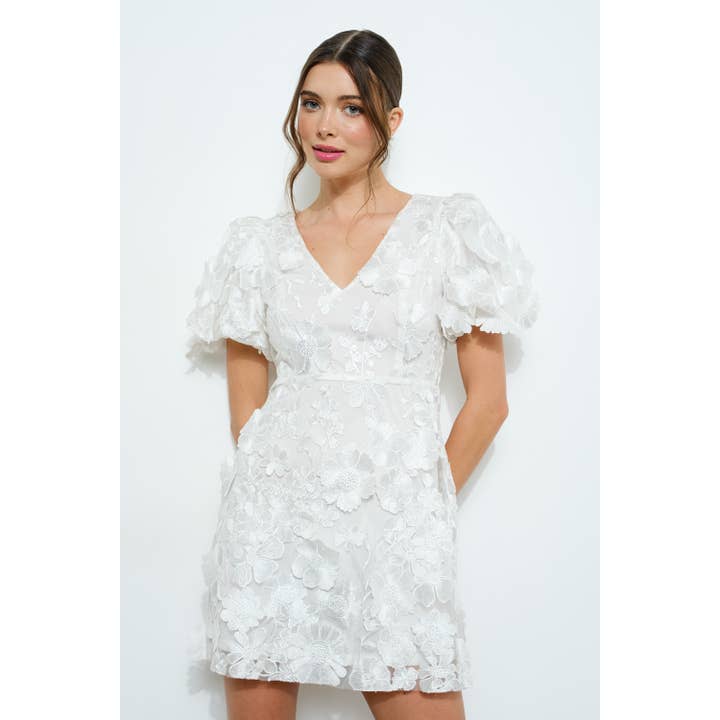INA - Wholesale Dress - Women's - 3D Floral Applique Puff Sleeve Mini Dress