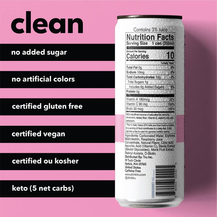 Tru - Wholesale Sparkling Water - Tru Glow Sparkling Drink, Raspberry (Pack of 12)