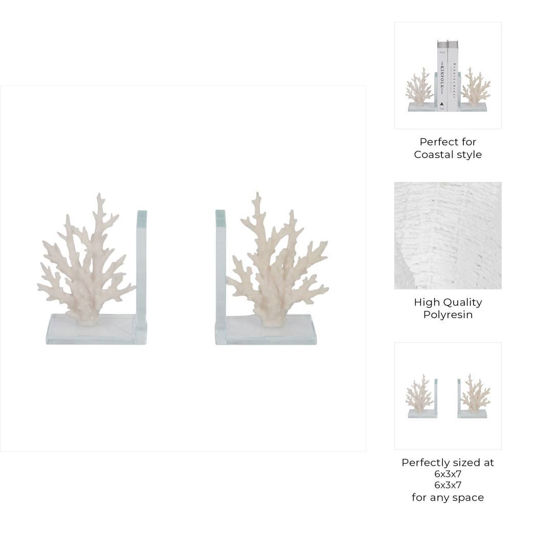 Sagebrook Home - Wholesale Bookend - Bookends Set of 2 - White Resin Coral on Glass, 7 in.4