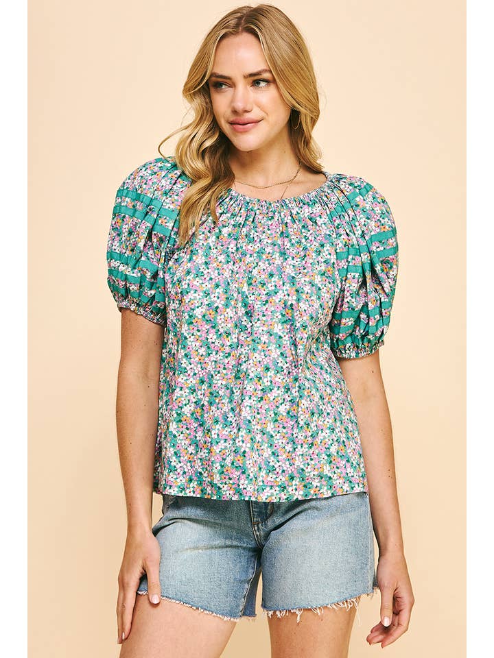 PINCH - Wholesale Blouse - Women's - FLORAL PRINT SS WOVEN TOP - GREEN BLUE