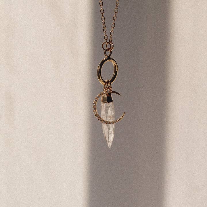 Creole Charm - Vendita all'ingrosso Collana con ciondolo/pendaglio - Collana con ciondolo a forma di luna crescente in oro 18 carati, in cristallo di quarzo (pietra autorigenerante), ciondolo a forma di luna, pietra preziosa di quarzo
