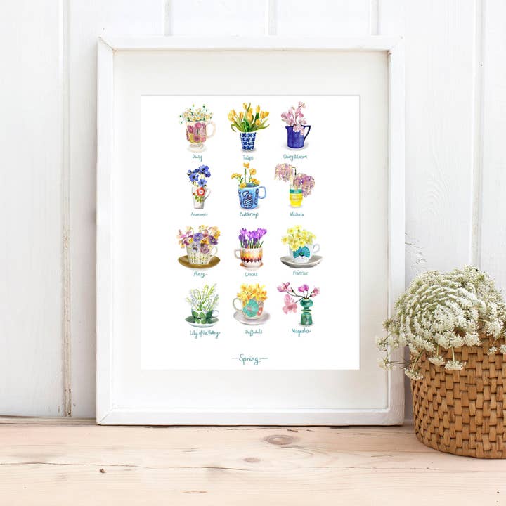 Stampa artistica da parete con fiori di primavera, motivo botanico, formato A4 per la vendita all'ingrosso da parte di Sara Sayer