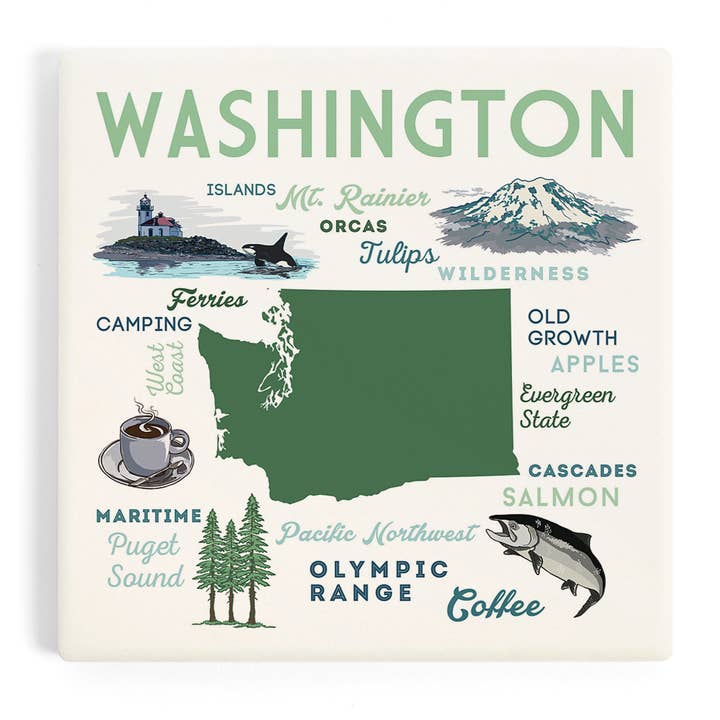 CERAMIC COASTER Washington, Typography & Icons for wholesale by Lantern Press