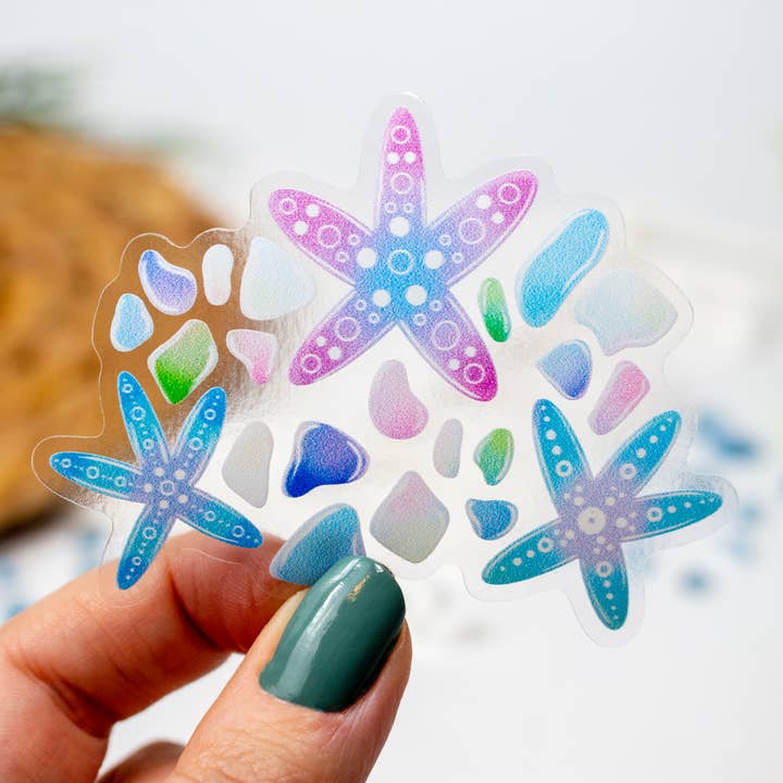 Clear Starfish and Sea Glass Beach Sticker 3 x 2.4 inch for wholesale by Paper Pattern Silk