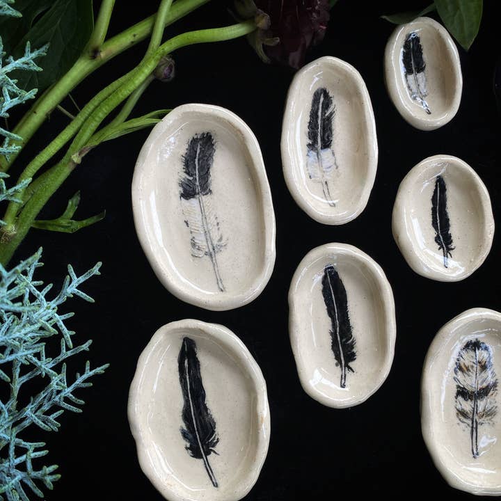 Keven Craft Rituals LLC - Wholesale Decorative Plate/Dish/Bowl - Multi-Color Sgraffito Feather Ceramic Ritual Dish