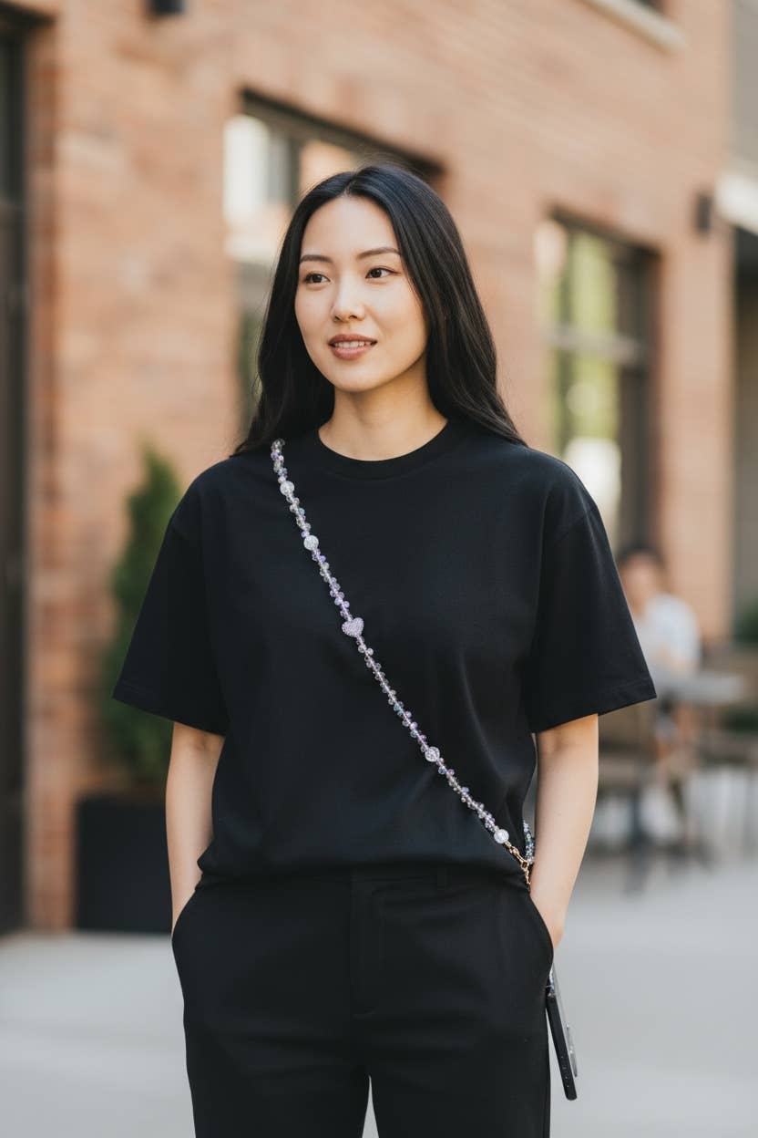 AB Purple Floral Bead With Rhinestone Heart Charm Crossbody Lanyard PC5625 for wholesale on Faire