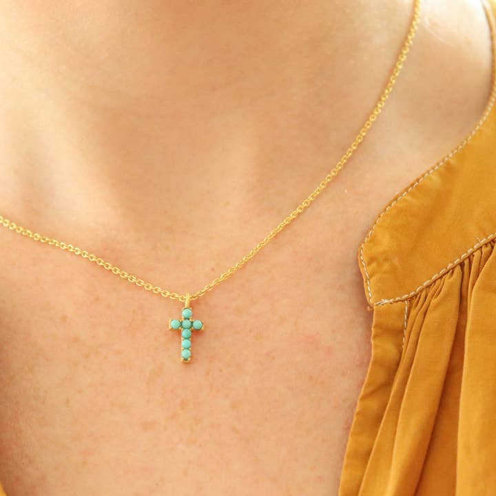 Christina Greene LLC - Wholesale Pendant/Charm Necklace - Dainty Turquoise Cross Necklace