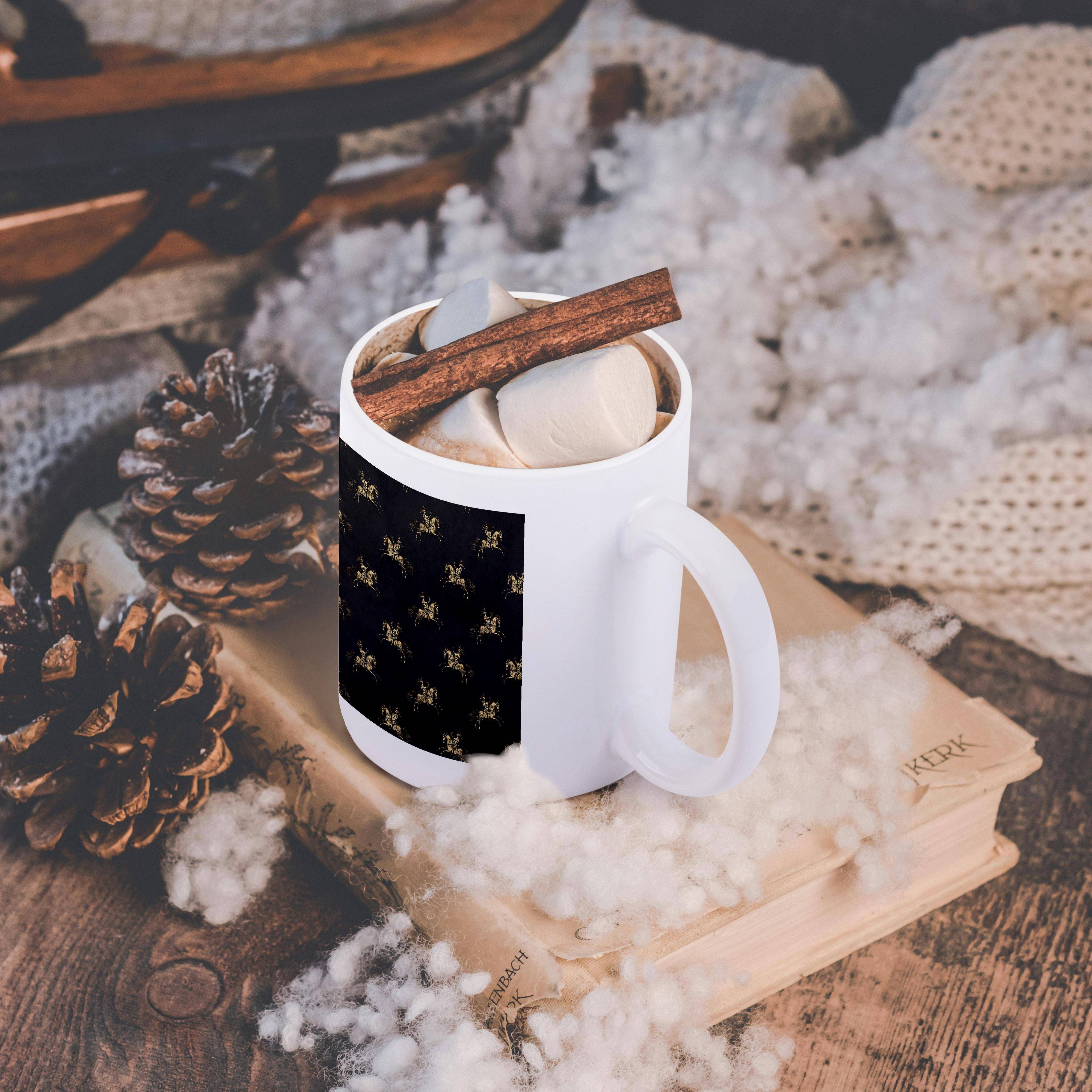 3dRose – wholesale Kaffekoppar – 3dRose, Vintage riddare på hästar på ett svart bakgrundsmönster, mugg11