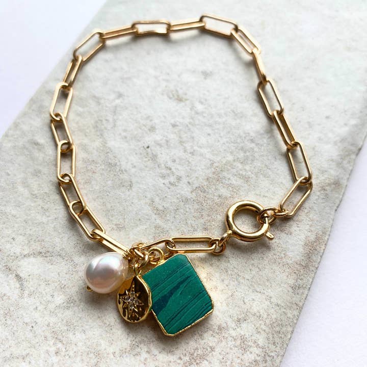 Malachite Gem Slice Triple Chunky Chain Bracelet | Joy (Gold Plated) for wholesale by Decadorn