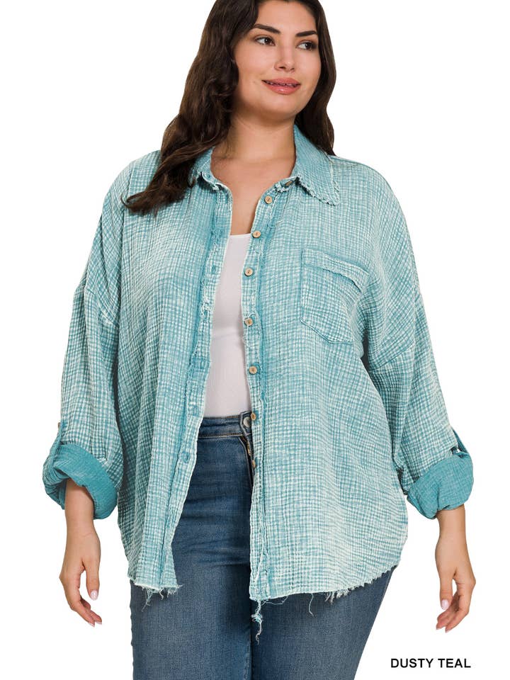 Vanilla Monkey - Wholesale Button Down Shirt - Women's - Plus Washed Double Gauze Button Down Shirt