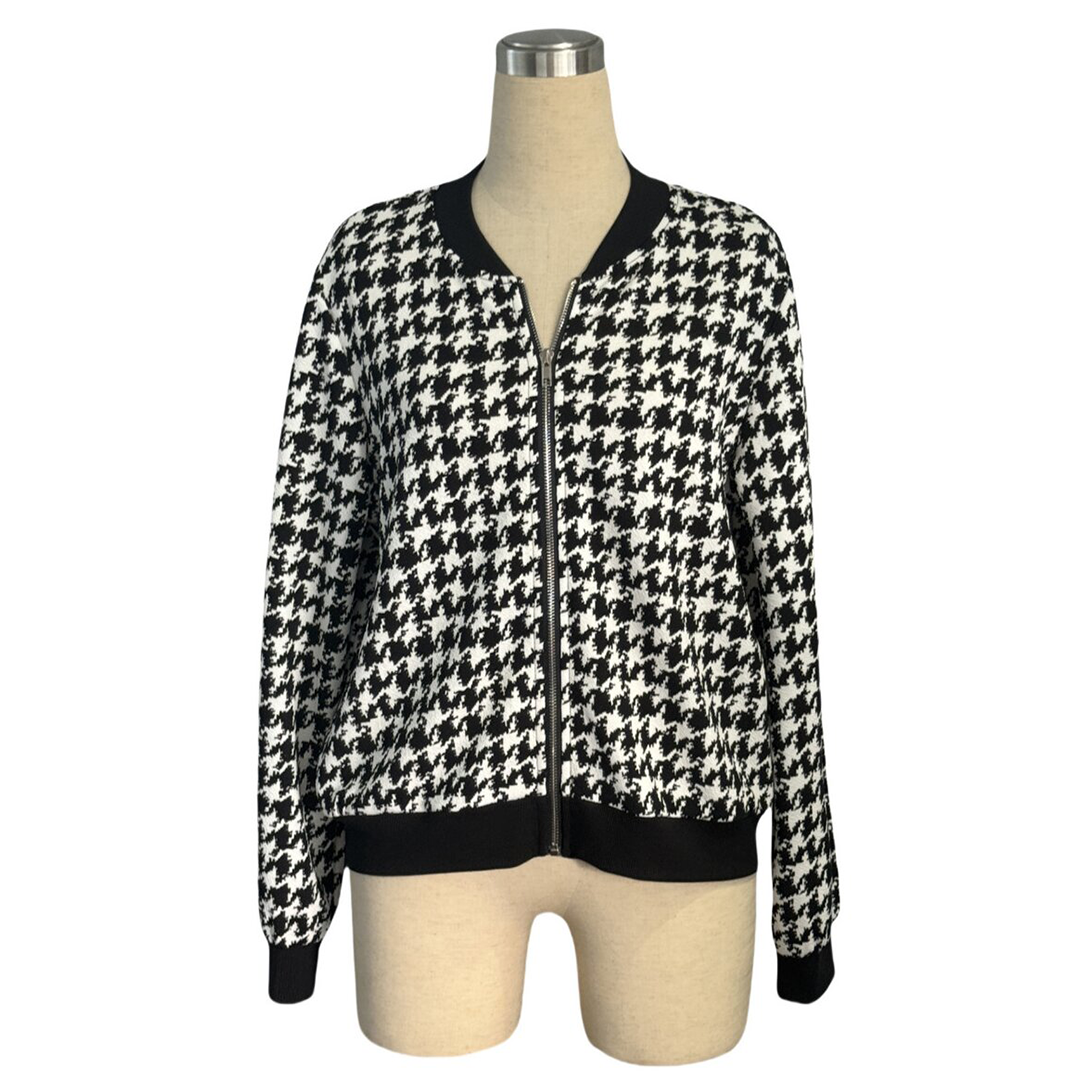 Black Zipper Houndstooth Loose Fit Casual Jacket ZK3708 for wholesale on Faire4