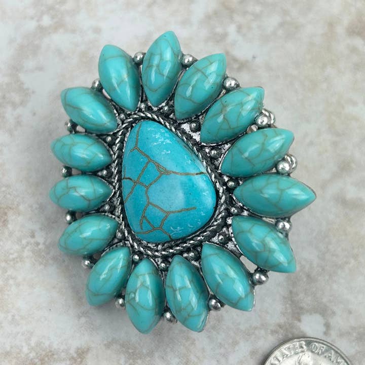 Western Elite Jewelry - Wholesale Cocktail/Statement Ring - RGY220430-01-BLUE     Silver with blue turquoise stone concho stretch Ring0