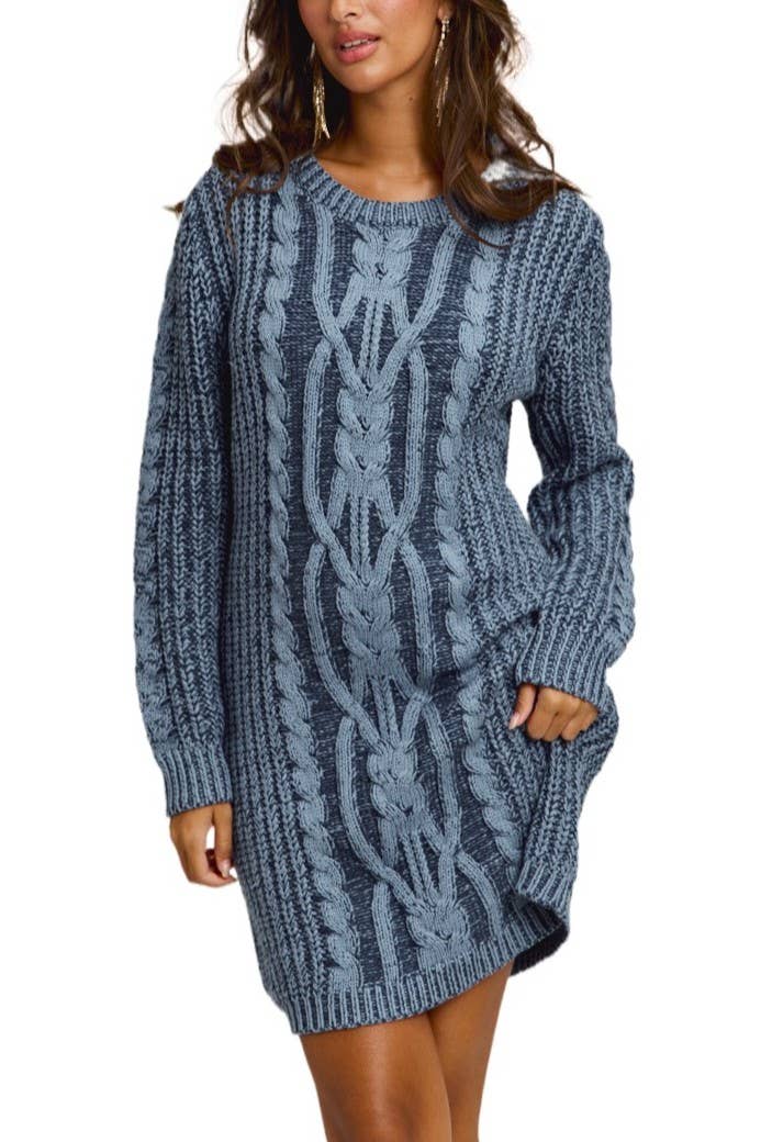 Vanilla Monkey - Wholesale Knit Sweater - Women's - Two Tone Cable Knit Sweater Mini Dress3