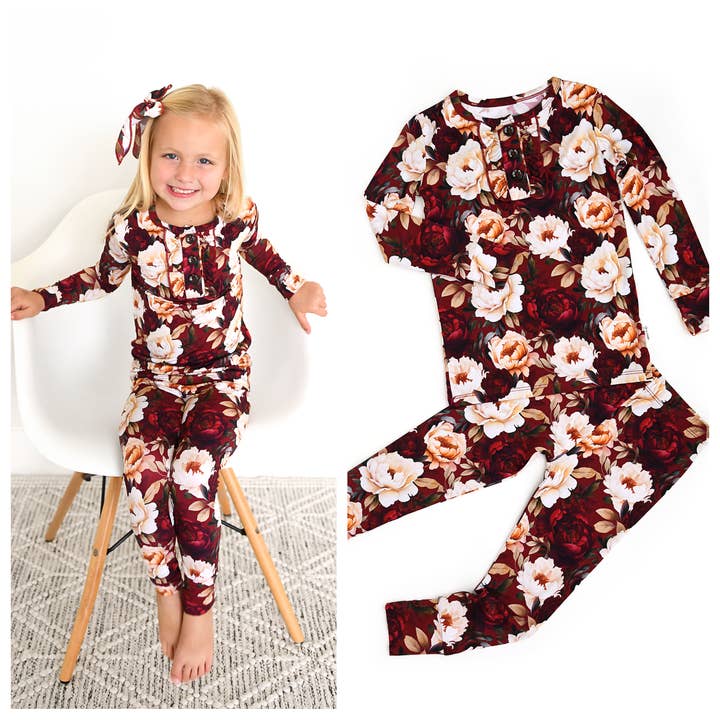 Maya RUFFLE TWO PIECE Bamboo Floral Lounge Set Girls Outfit for wholesale by Gigi and Max