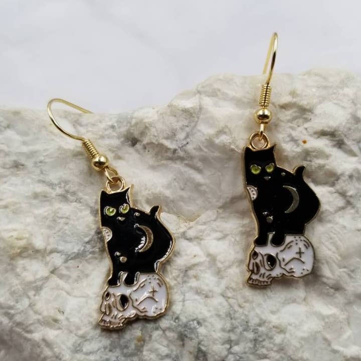Black Cat on Skull Halloween Earrings for wholesale by The Pretty Jewellery