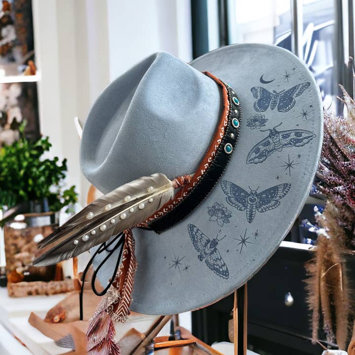 Celestial Moth Lotus Moon Stars Burned Hat for wholesale by Wild Indigo
