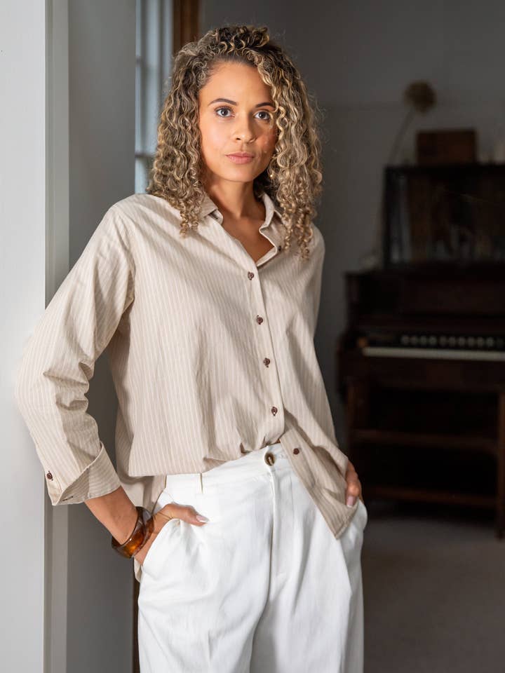 Nola Stripe Shirt | Beige/Ecru for wholesale by CHALK