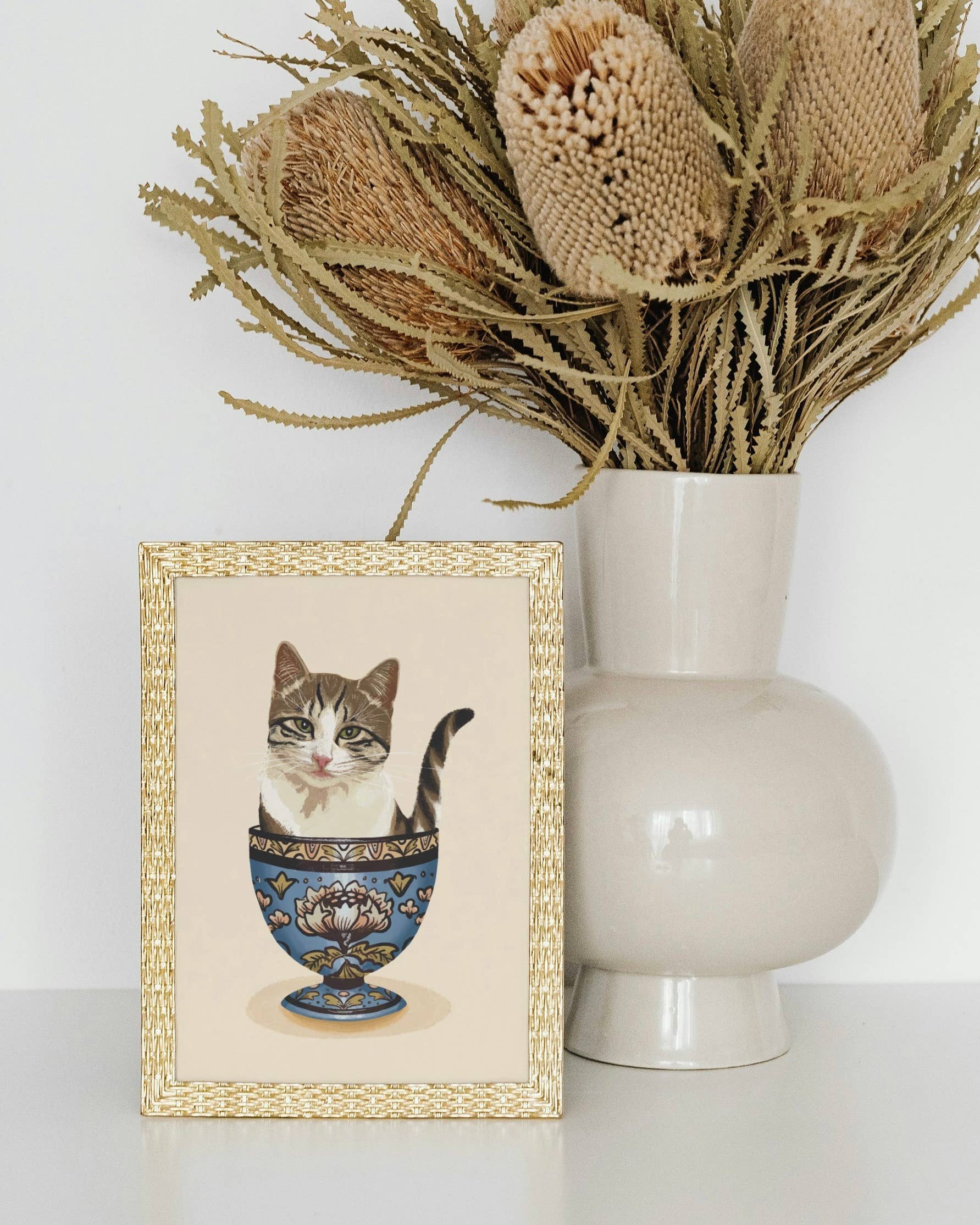 Folk Meadow - Wholesale Art Print - Lotus Teacup Kitty Cat Print - 8x101