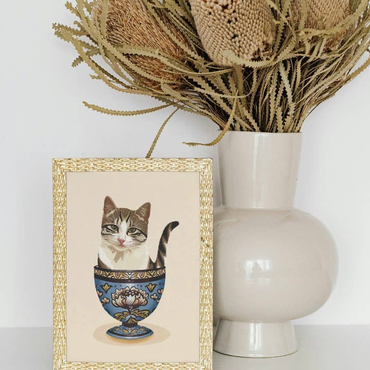 Folk Meadow - Wholesale Art Print - Lotus Teacup Kitty Cat Print - 8x101