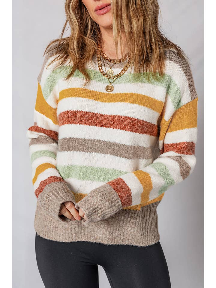 Multicolour Stripe Colorblock Drop Shoulder Crewneck Sweater for wholesale on Faire