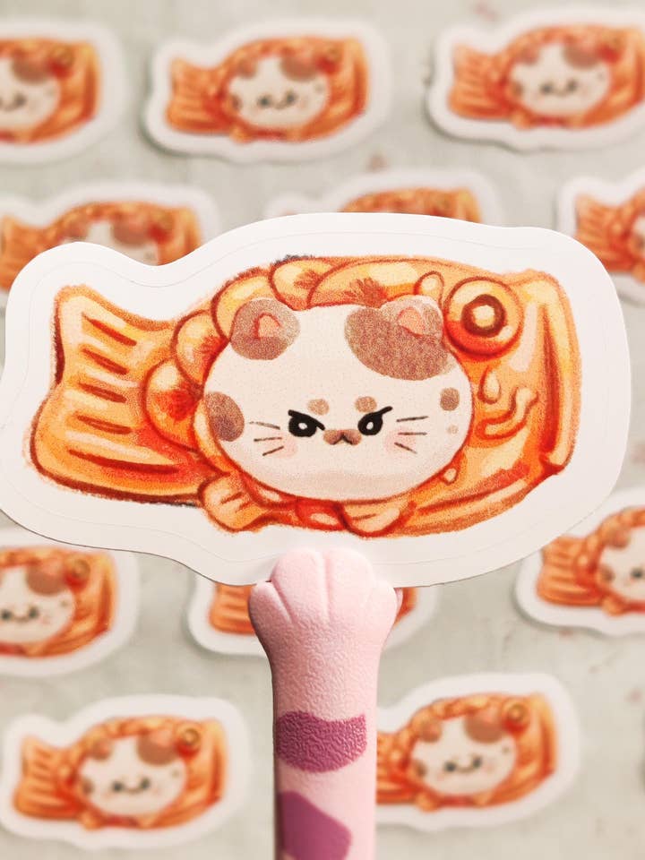 Glossy Taiyaki Cat Vinyl Sticker for wholesale by Hokeii Pokeii