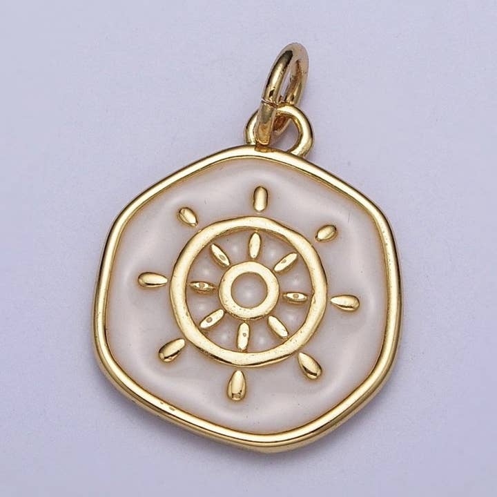 24K Gold Filled White Enamel Ship Boat Steering Wheel Round Coin Charm For Jewelry Making AG-135 for wholesale by Aim Eternal