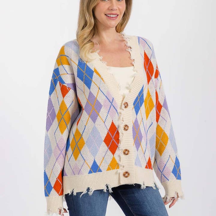 S6147- Multicolor argyle distressed trim knit cardigan for wholesale by IWT Brands