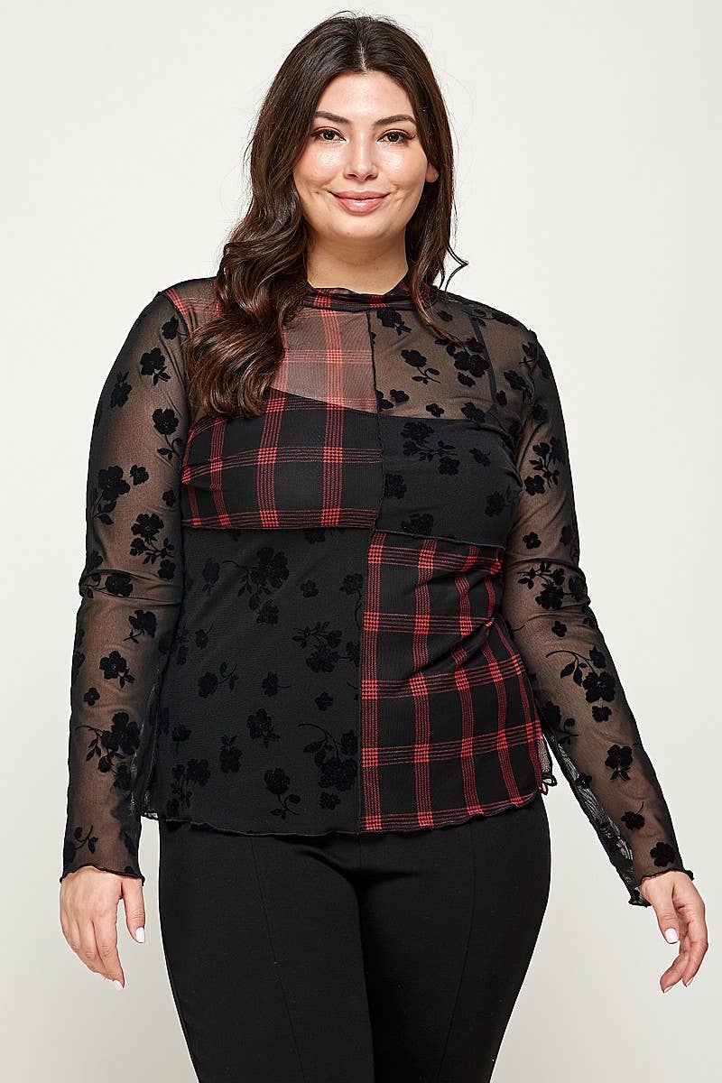 Black Plus Size Patchwork Mesh Mock Neck Top - WG17874-T for wholesale on Faire