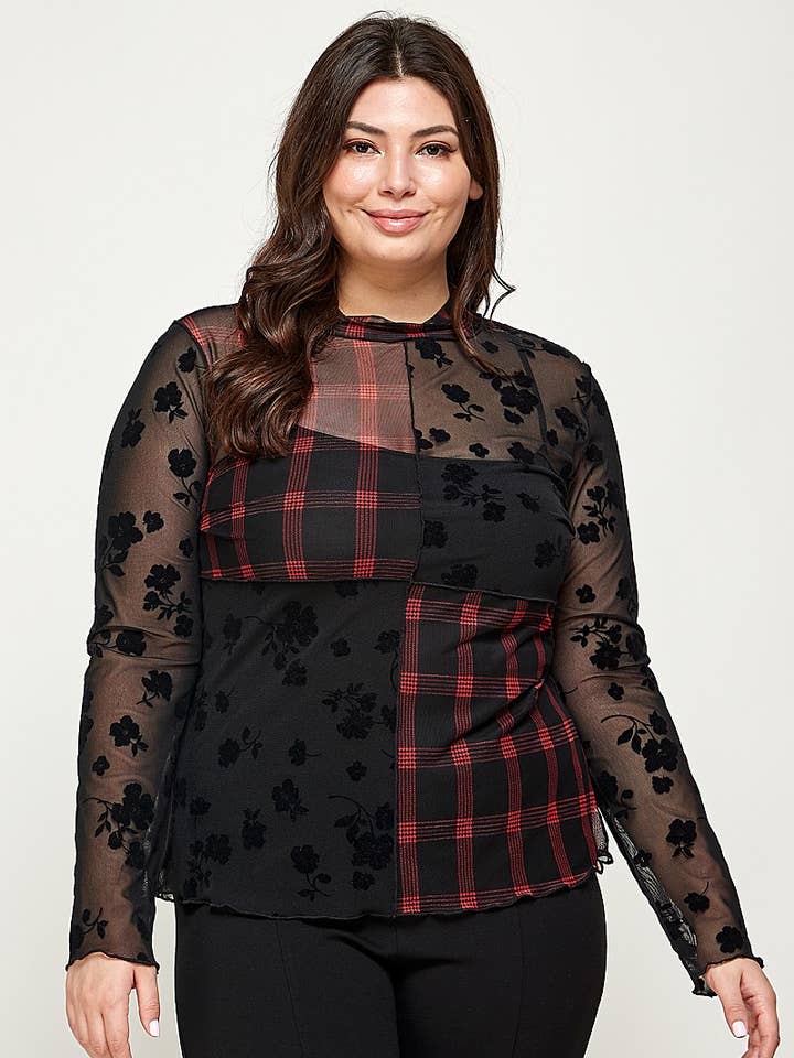 Black Plus Size Patchwork Mesh Mock Neck Top - WG17874-T for wholesale on Faire0