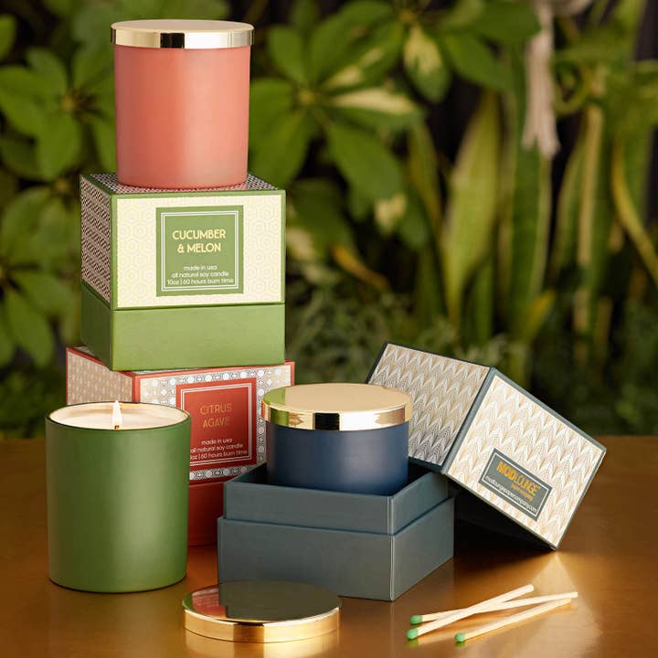 Mod Lounge Paper Company - Wholesale Jar/Filled Candle - Citrus Agave Fall Mid Century Orange Gold Foil Box Candle3