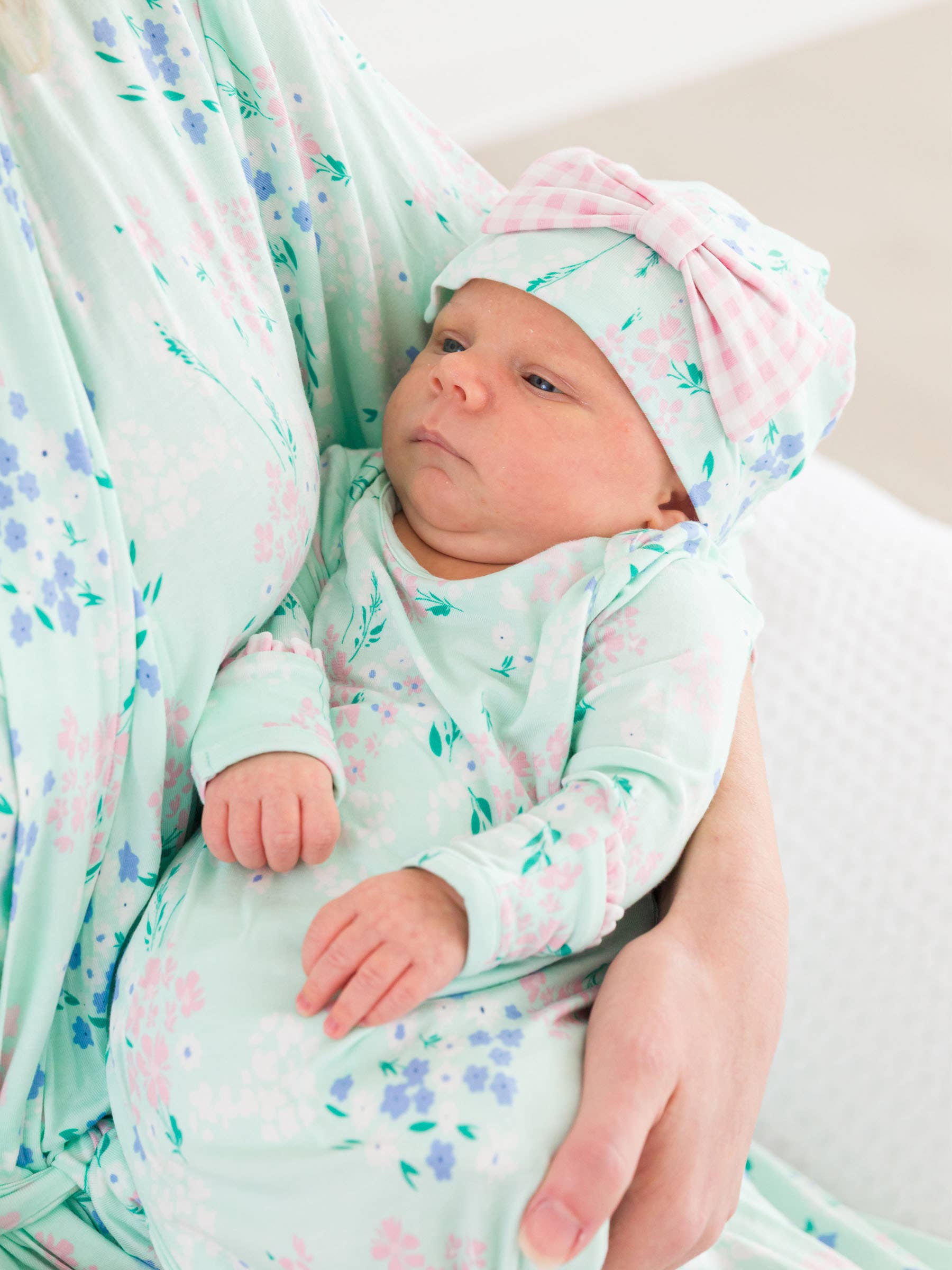 Green SoftSnooze™ Baby Girls Bamboo Viscose Mint Meadow Ruffle Knotted Sleep Gown & Bow Hat Set for wholesale on Faire3
