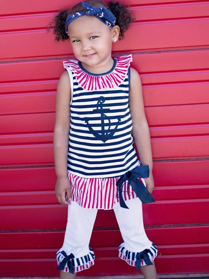 AnnLoren - Wholesale Top & Leggings Set - Kids - Girls Sailor Outfit Nautical Kids Clothing 4th Of July Set