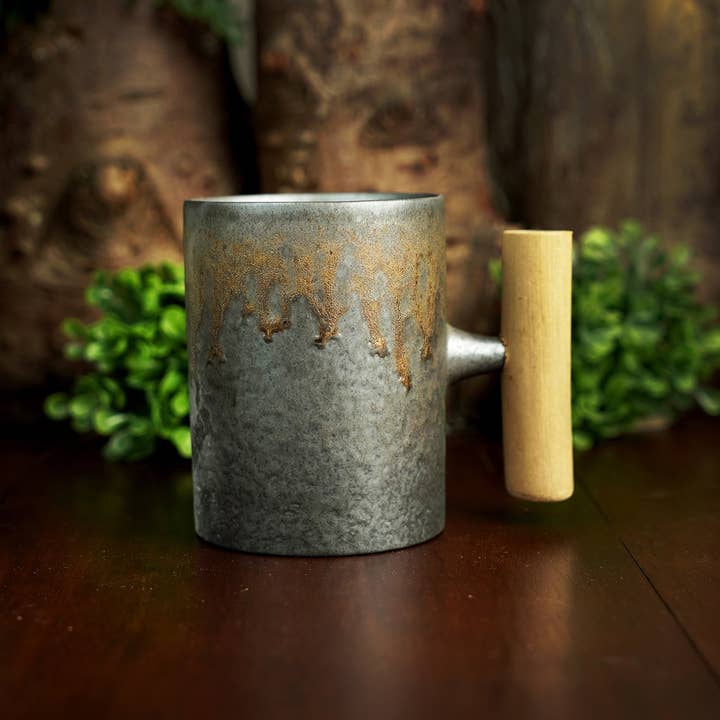Backwoods Provisions - Wholesale Coffee Mug - Iron Bronze Glazed Ceramic Mug with Wooden Handle